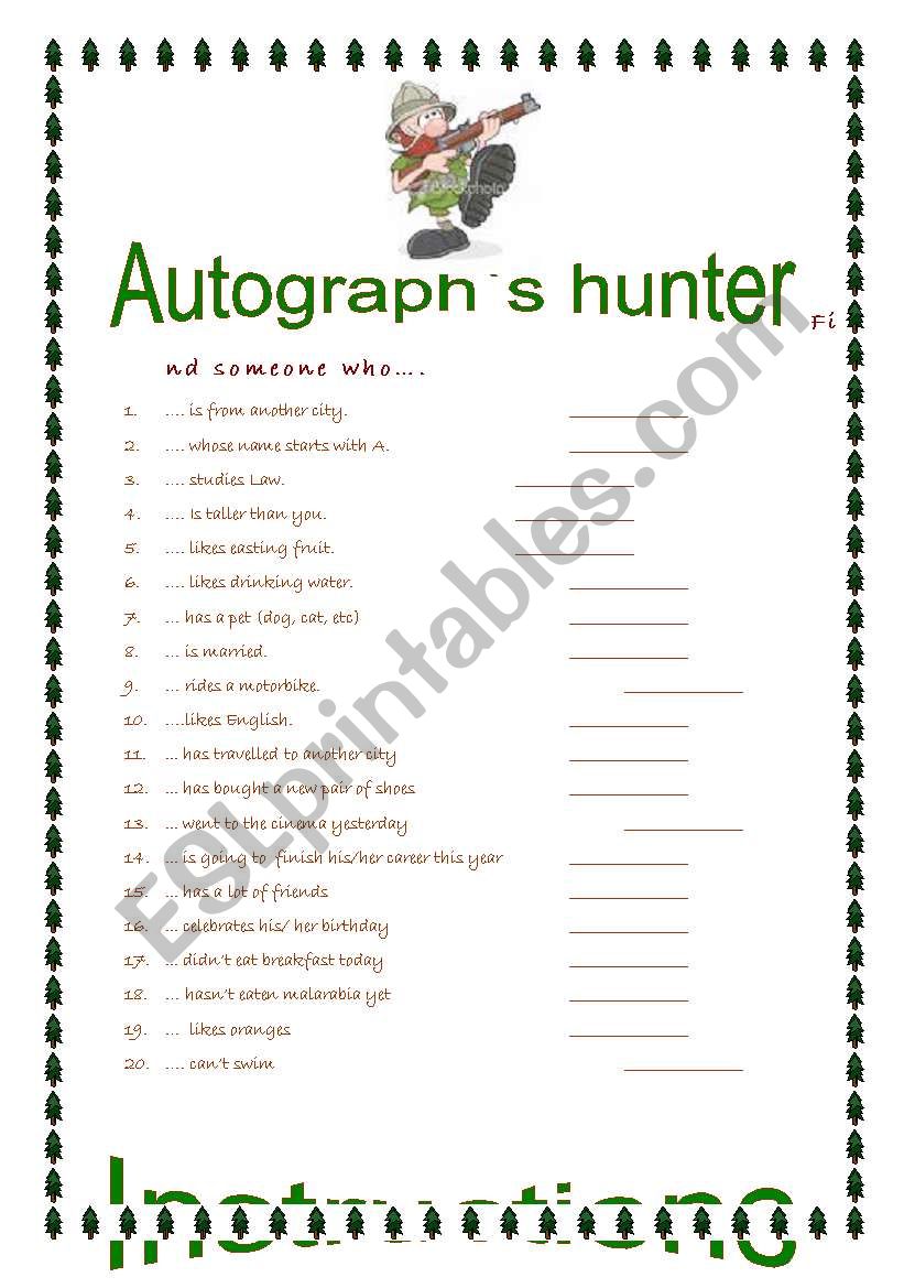 autograph`s hunter worksheet